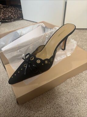 LEMONADE Black Pointed Bow Mule Heels with Grommet Detail